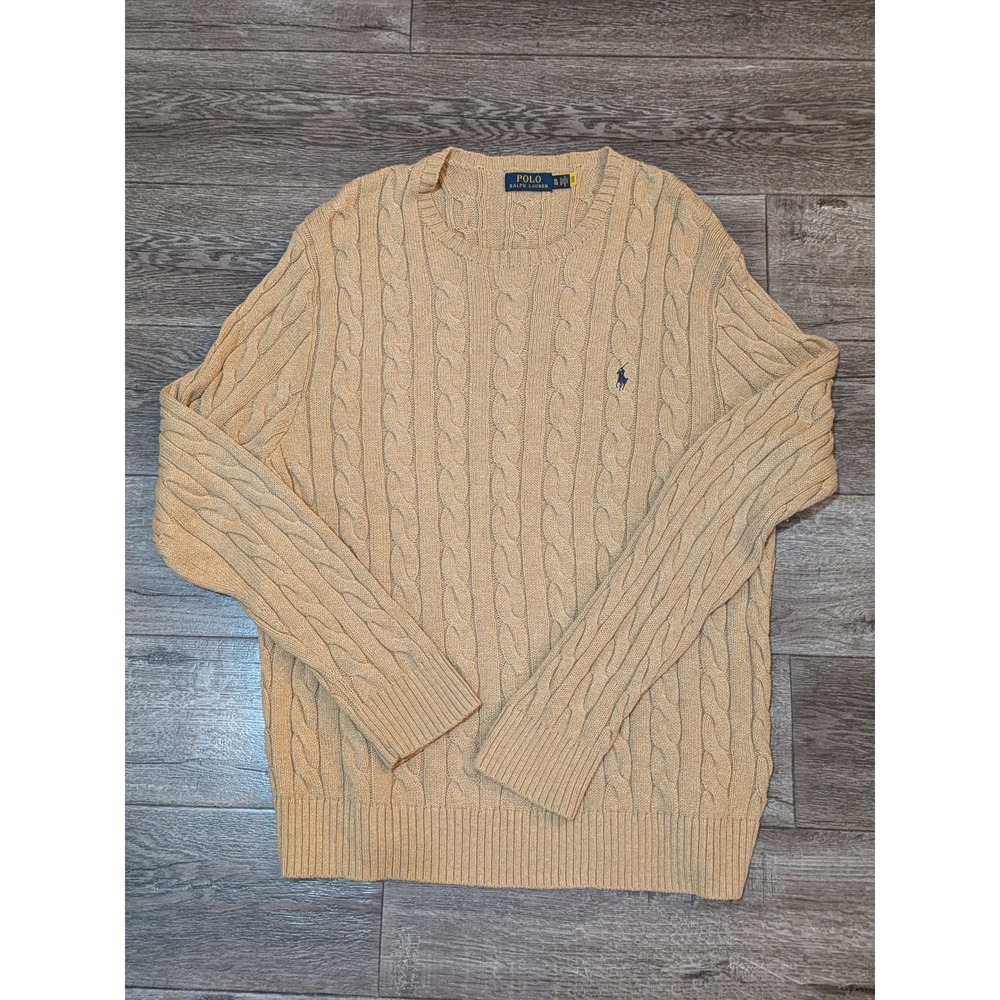 Polo Ralph Lauren Mens XL Tan Camel Cable Knit Cotton Crew Neck Sweater Pony